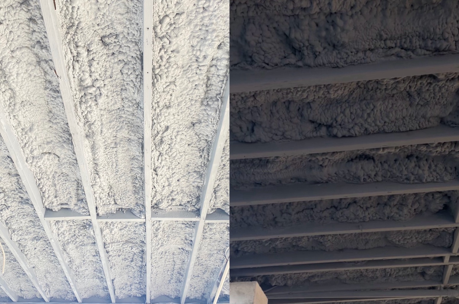 Open-cell spray foam applied to the underside of roof framing on an Ideal Insulation job